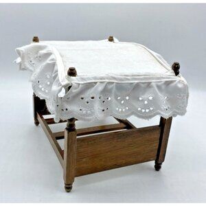 Vintage Doll House Canopy Bed Miniature Wood Handmade Eyelet Cover Retro Play